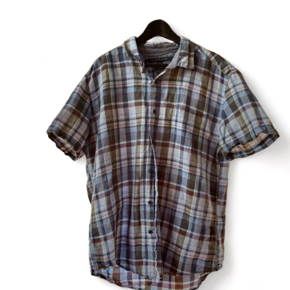 Tommy Hilfiger Mens Shirt XL - Button Down Short Sleeve Custom Fit Plaid